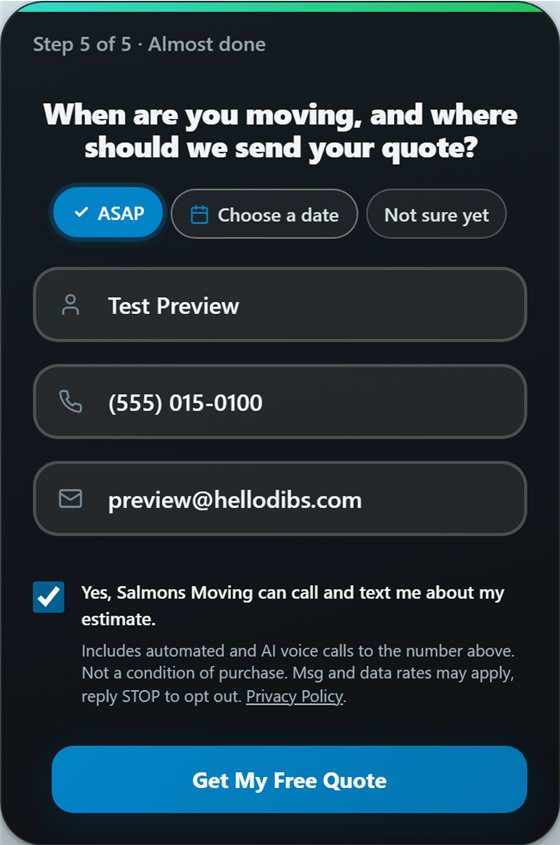 dibs quote form final step in dark theme with move date choices and consent