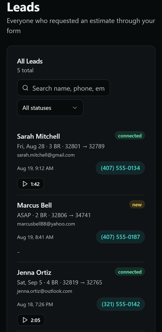 dibs dashboard showing captured leads with call status, recordings, and tap-to-call numbers